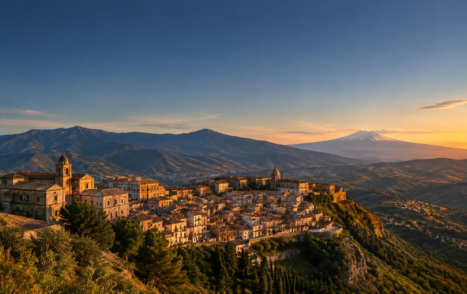 Troina rising above the Sicilian landscape at sunset